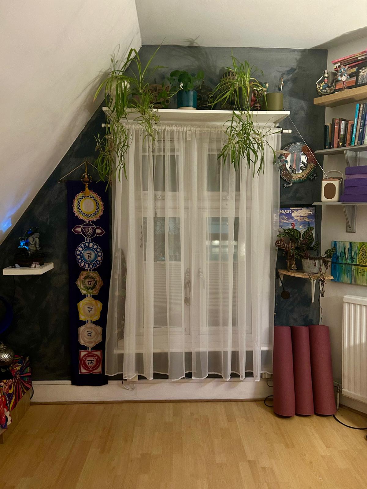 Studio space with mats and class setup in black and white